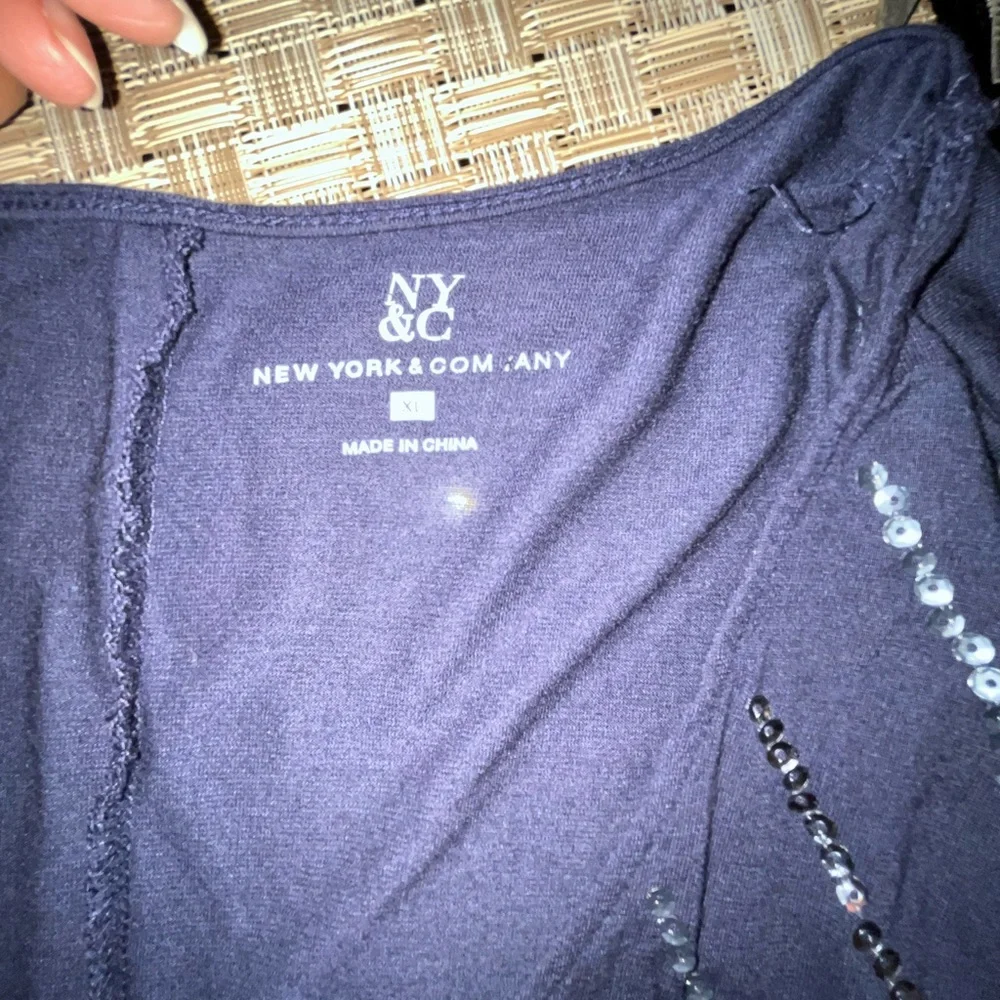 VGUC New York & Company Sequined Blouse - Navy - XL